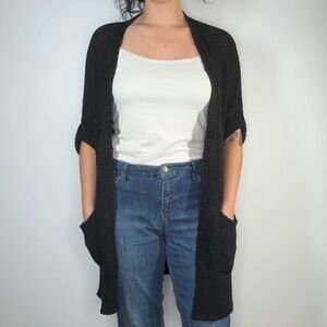 Black Open Knit Cardigan Sweater with Pockets – XS